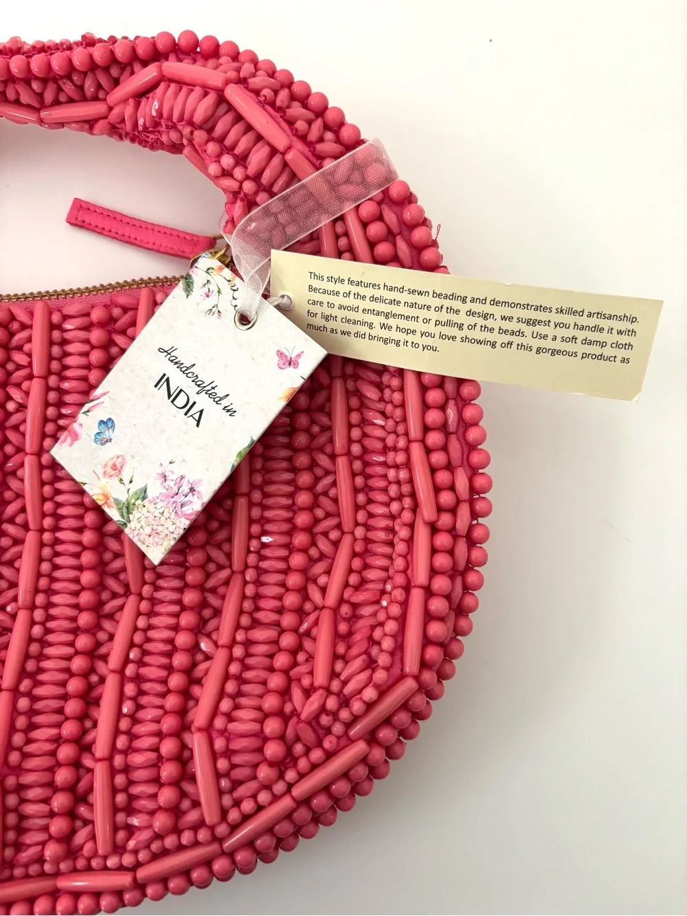 Handcrafted In India Pink Beaded Hobo Handbag NWT Half-Round Zipper Closure
